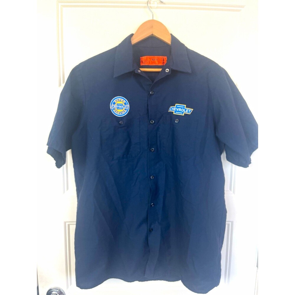 Chevrolet Service Red Kap SP14 Men's L Navy Short Sleeve Work Shirt Logo Patches